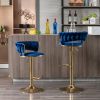 Set of 2 Bar Stools,with Chrome Footrest and Base Swivel Height Adjustable Mechanical Lifting Velvet + Golden Leg Simple Bar Stool-BLUE