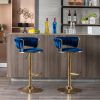 Set of 2 Bar Stools,with Chrome Footrest and Base Swivel Height Adjustable Mechanical Lifting Velvet + Golden Leg Simple Bar Stool-BLUE