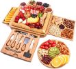 Cheese Board and Knife Set, Magnetic 4 Drawers Bamboo Charcuterie Boards, 15 x 13 x 2 Inch