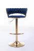 Set of 2 Bar Stools,with Chrome Footrest and Base Swivel Height Adjustable Mechanical Lifting Velvet + Golden Leg Simple Bar Stool-BLUE